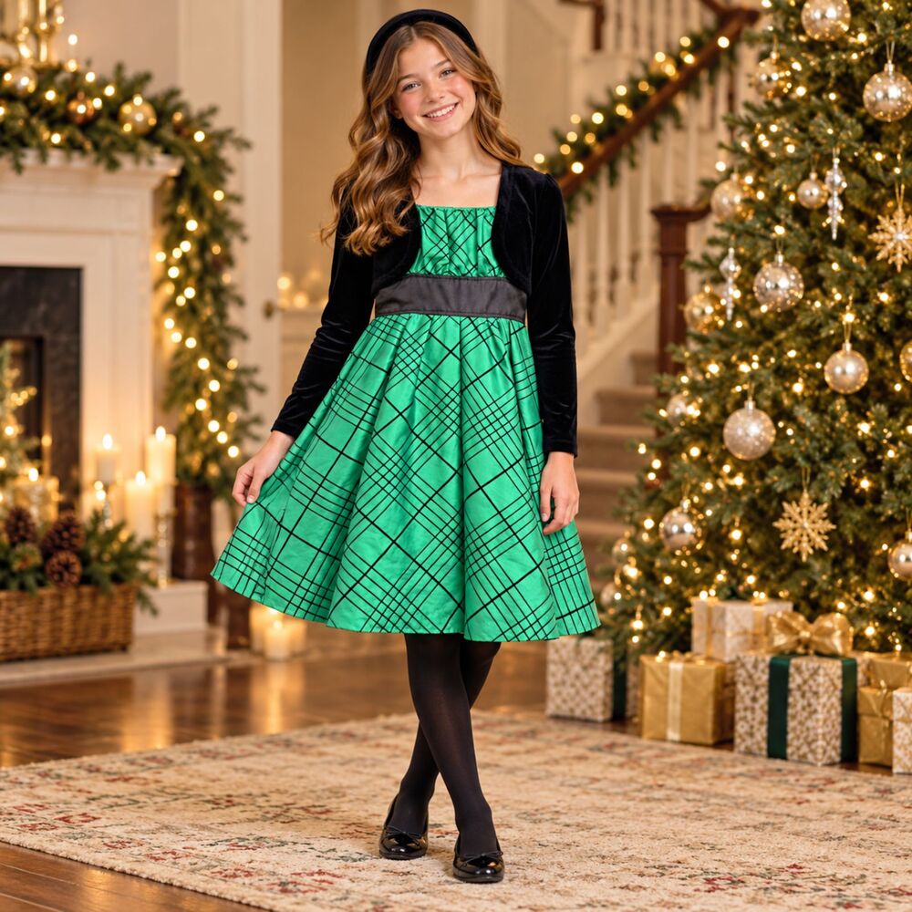 Plaid Formal Dress Sz 12 Green Black Velvet Attached Shrug Sequin Hearts Holiday